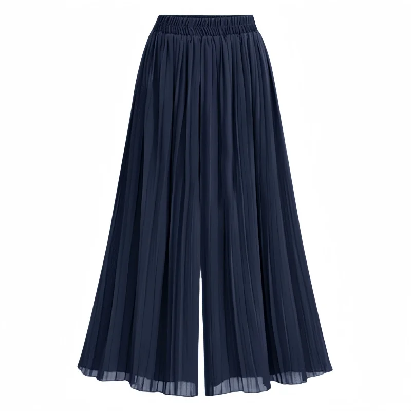 Women's Summer Thin Chiffon Pleated Beach Pantskirt Solid Color Oversized High Waist Loose Casual Wide Leg Cropped Pants