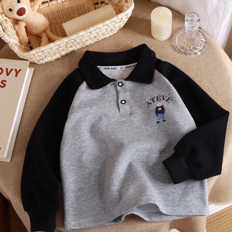 Kids Hoodie Sweatshirts Boys Turn-down Collar Long Sleeve Spring Autumn Casual All-match Spliced T-shirt