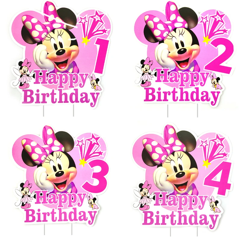 

1pcs/lot Disney Minnie Mouse Digit Theme Cake Card Wtih Sticks Birthday Party Boys Kids Favors Decorations Cupcake Toppers