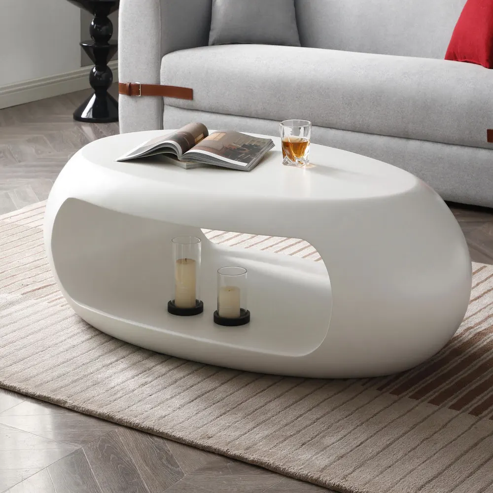 39.37'' Oval Fiberglass Coffee Table for Living Room in White 5