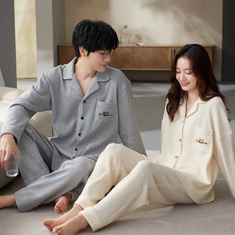 Cotton Pajamas Women's Sleepwear Autumn Cardigan Nightwear Men Home Wear Waffle Pjs Korean Fashion Home Clothes pyjama homme