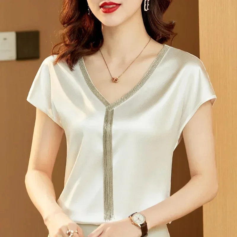 Women's Casual Loose Satin Blouse Short Sleeve Shirt Solid Fashion Tassel V-neck Office Lady Summer Clothes 15494