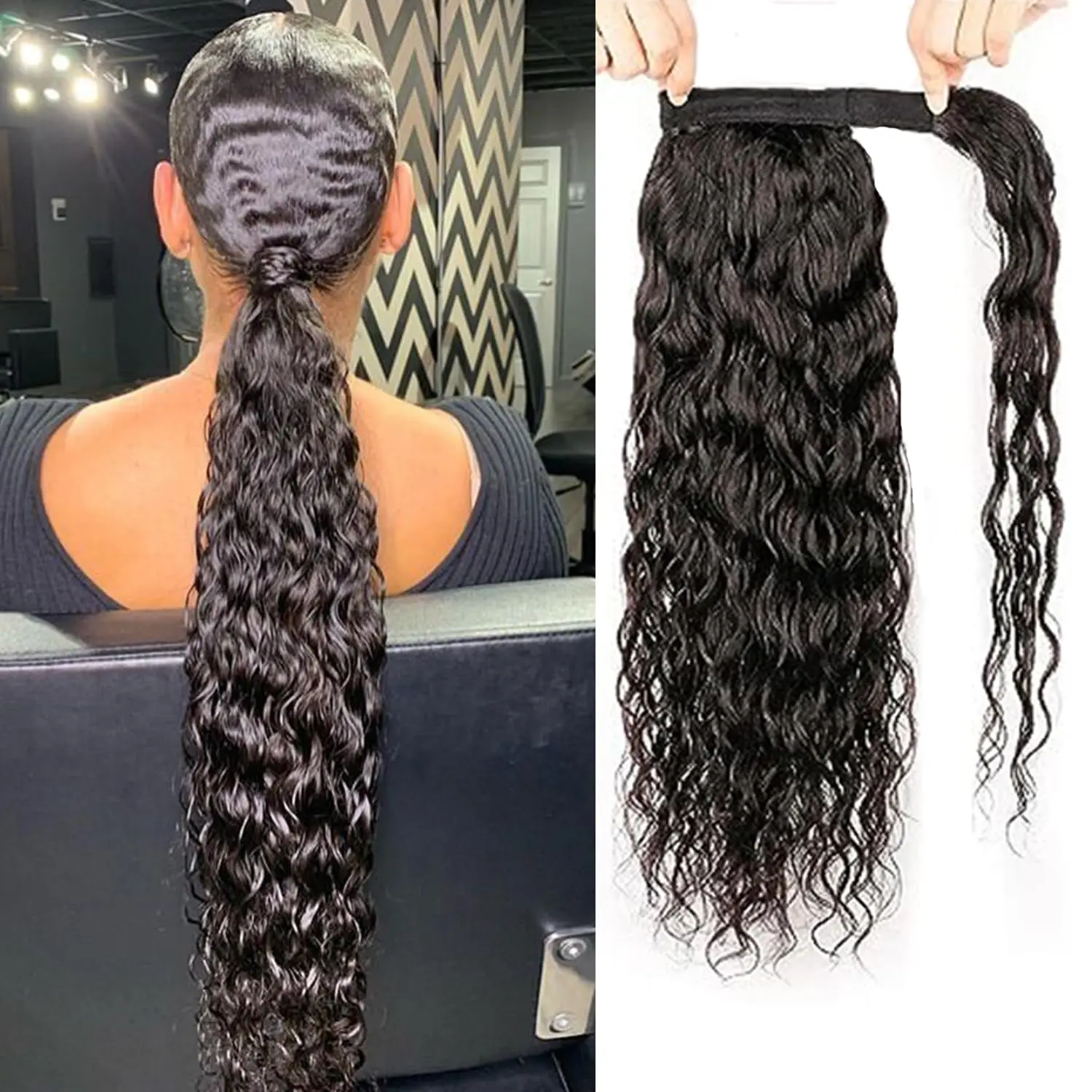 Water Wave Ponytail Human Hair Extensions Natural Black Color Wrap Around Straight Human Hair Ponytails Clip In Extension human hair extensions
