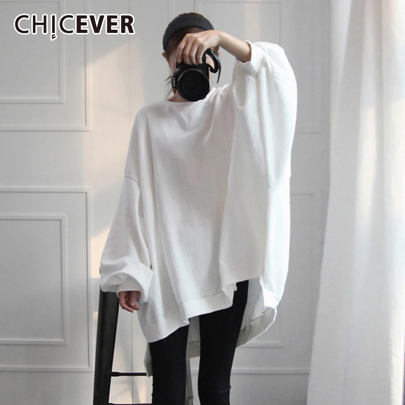 

CHICEVER Asymmetric Hem Sweatshirt For Women O Neck Batwing Sleeve Casual Pullovers Loose Sweatshirts Female 2020 Spring New