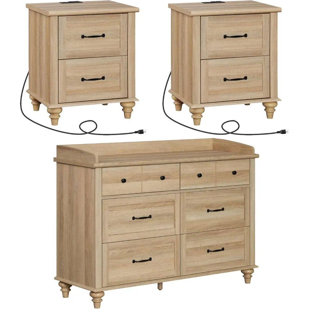 3 Piece Dresser and Nightstand Sets Farmhouse Dresser Chest of Drawers Set of 2 Nightstands End Table Charging Staion
