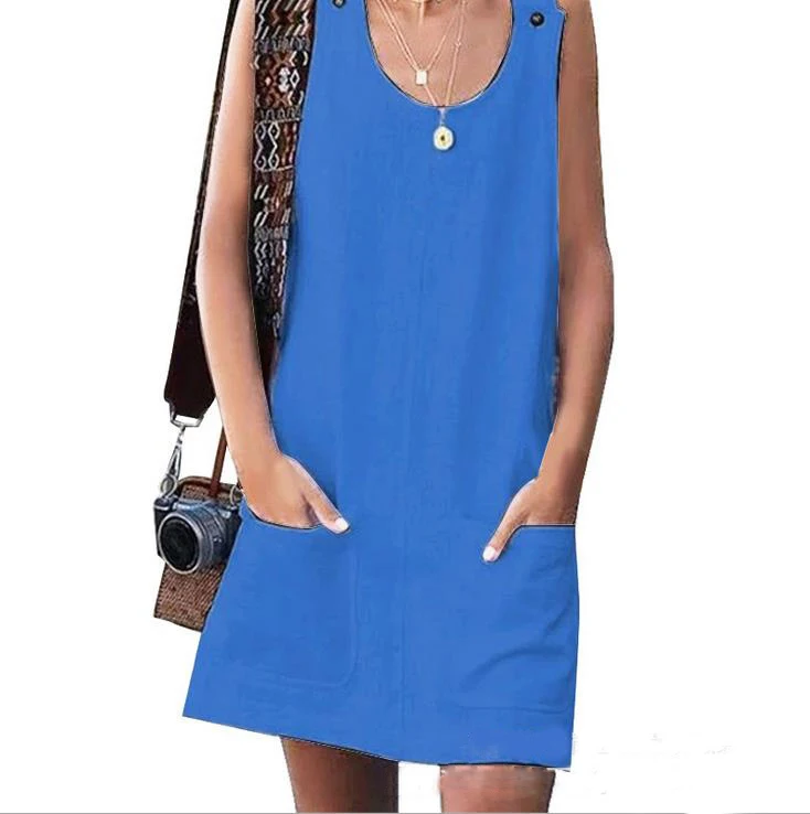 Women's Pocket Double breasted Linen Strap Dress Sleeveless Round Neck A-line Dress