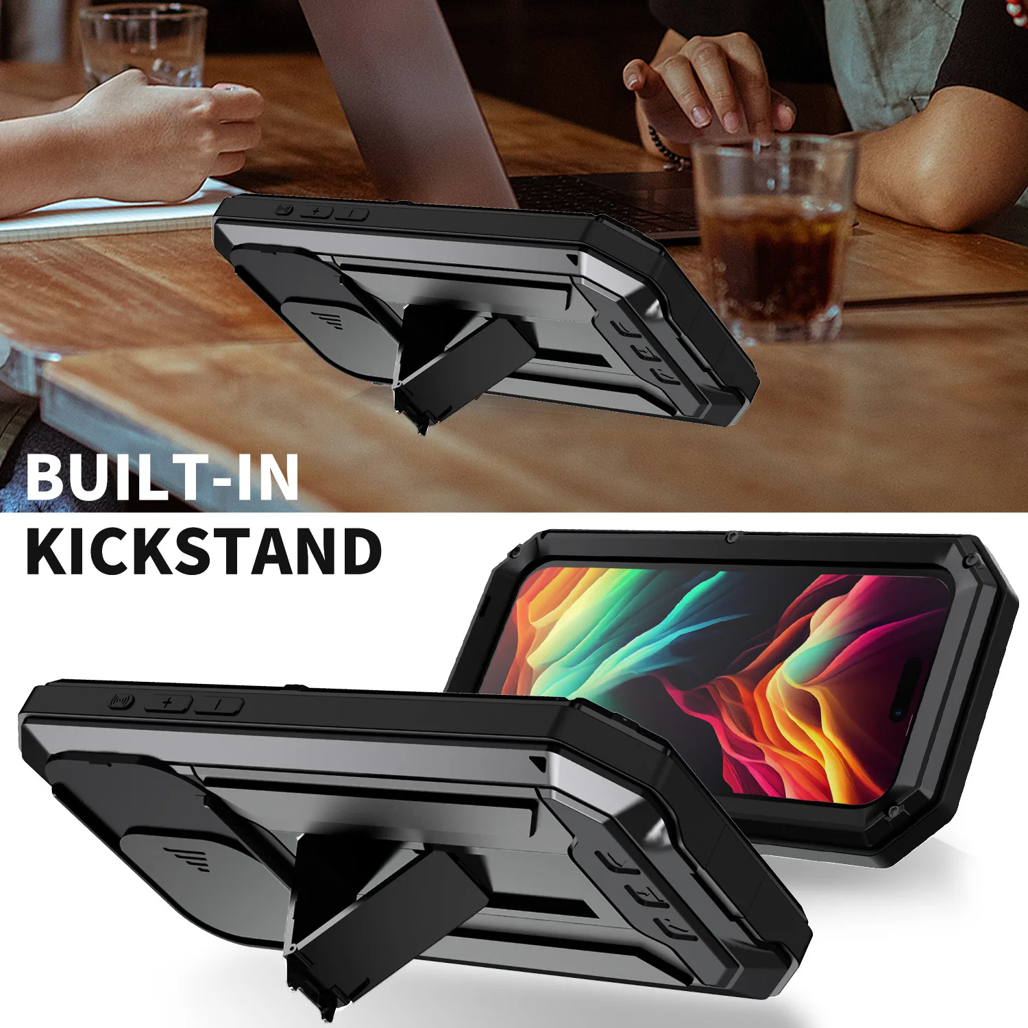 R-just Luxury Shockproof Metal Case For Iphone 15 Pro Max Plus With Stand Built-in Camera Screen Protector Cover Funda Coque