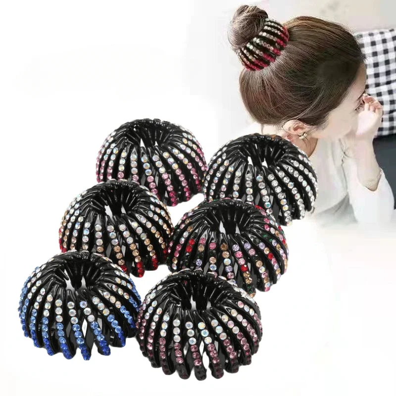 Fashion Crystal Rhinestone Hairpin Bun Hair Claw Clips Horsetail Buckle Hair Clip Bird Nest Expanding Hair Accessories for Women 2