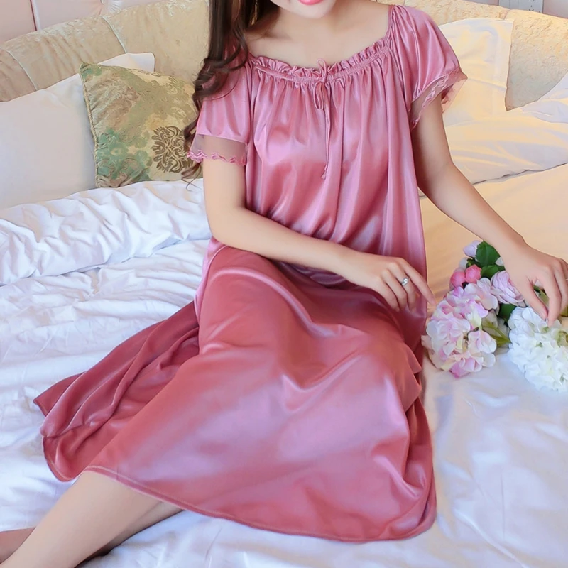 Women Night Gowns Sleepwear Lace Patchwork Nightwear Long Sleeping Dress Casual Ladies Home Dressing