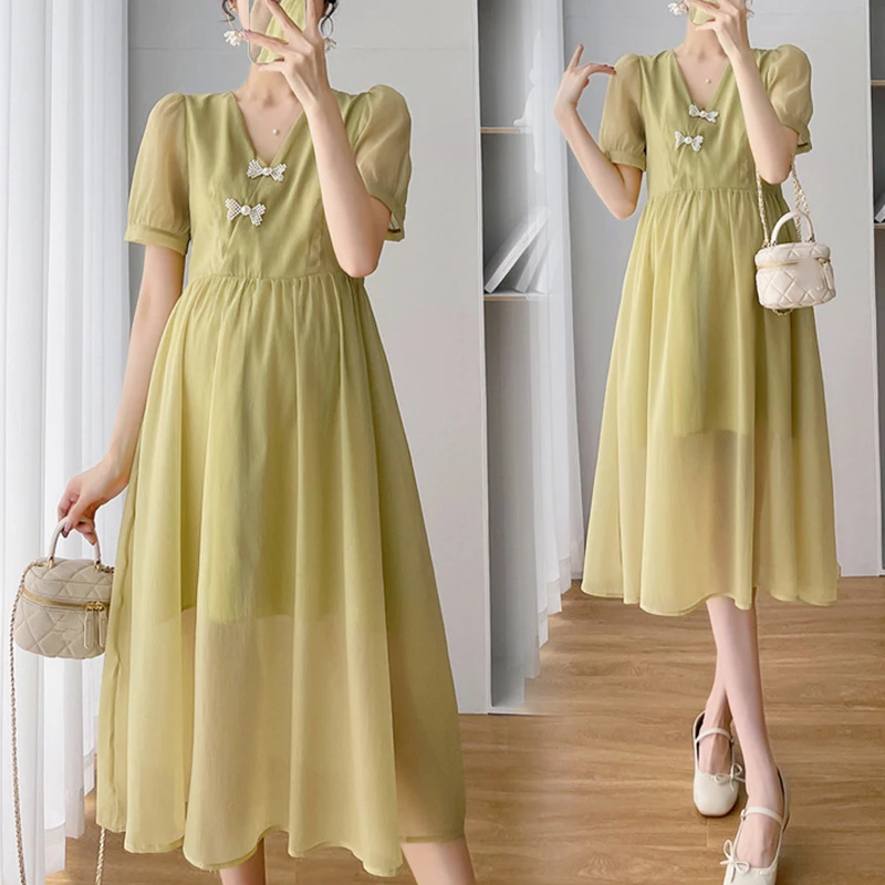 

Maternity Clothes Summer Clothes Nursing Clothes Fashionable Temperament Broken Bow Tie Loose and Thin Mid-length Dresses