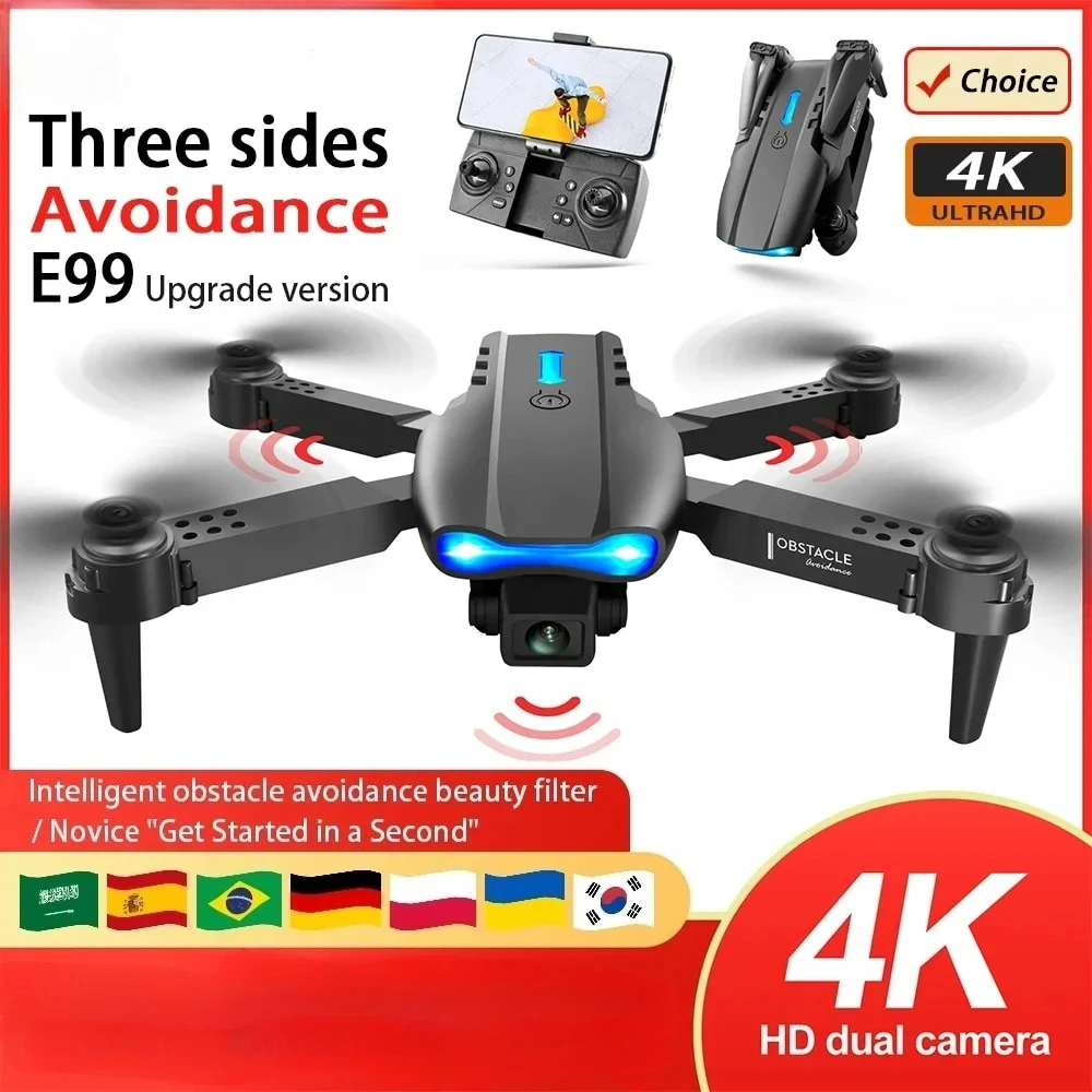 Drone E99 4K avec caméra en action, commande gestuelle détectée par le capteur, vol stable