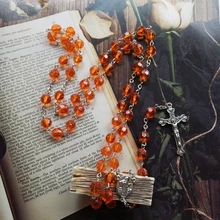 QX2E Vintage 8mm Rosary Beads Necklace with Jesus Crucifix Cross Pendant Necklaces tanie i dobre opinie CN (pochodzenie) STOP