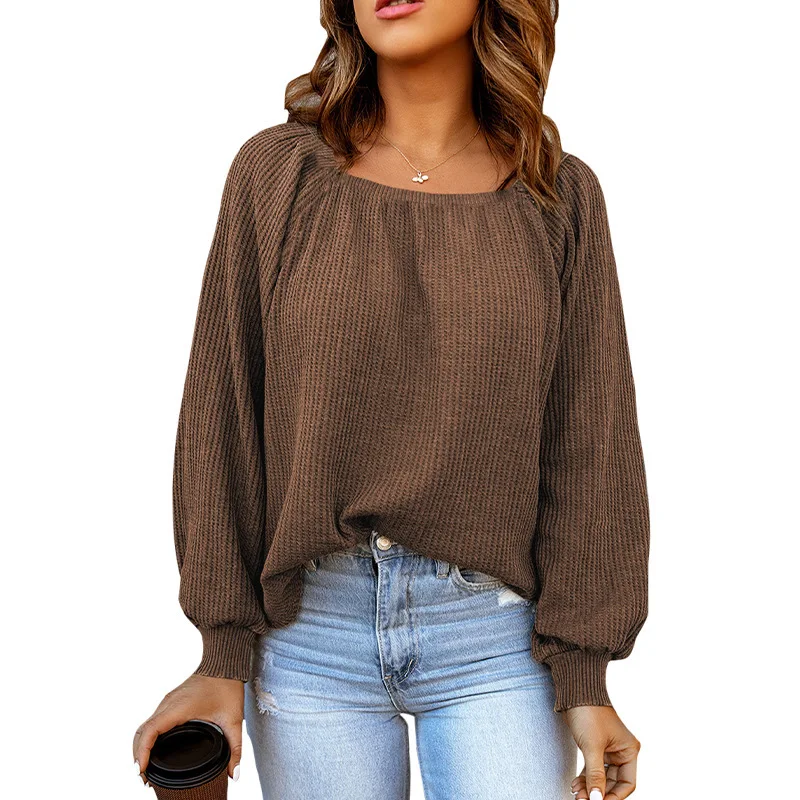 

2023 Autumn and Winter Women's Pullover Square Neck Raglan Sleeve Solid Color Loose Versatile Fashion Casual Long Sleeve Tops