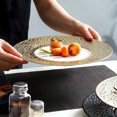 

Nordic Ceramic Dinner Gold Plates Serving Dishes Dinnerware Creative Pasta Plate Steak Decorative Plate Tray Restaurant Supplies