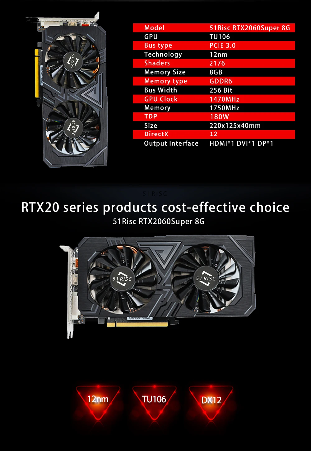 51RISC GeForce RTX 2060super Gaming 8GB GDDR6 Graphics Cards RTX 2060s Gaming Video Card For PC