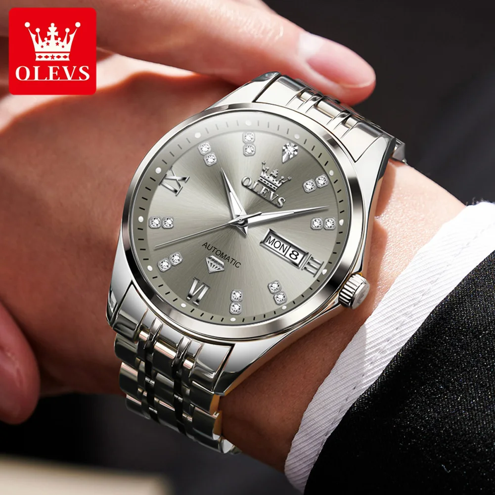OLEVS 9801 Mens Watch Original Waterproof Luminous Automatic Mechanical Watch Dual Calendar Display Mens Gifts