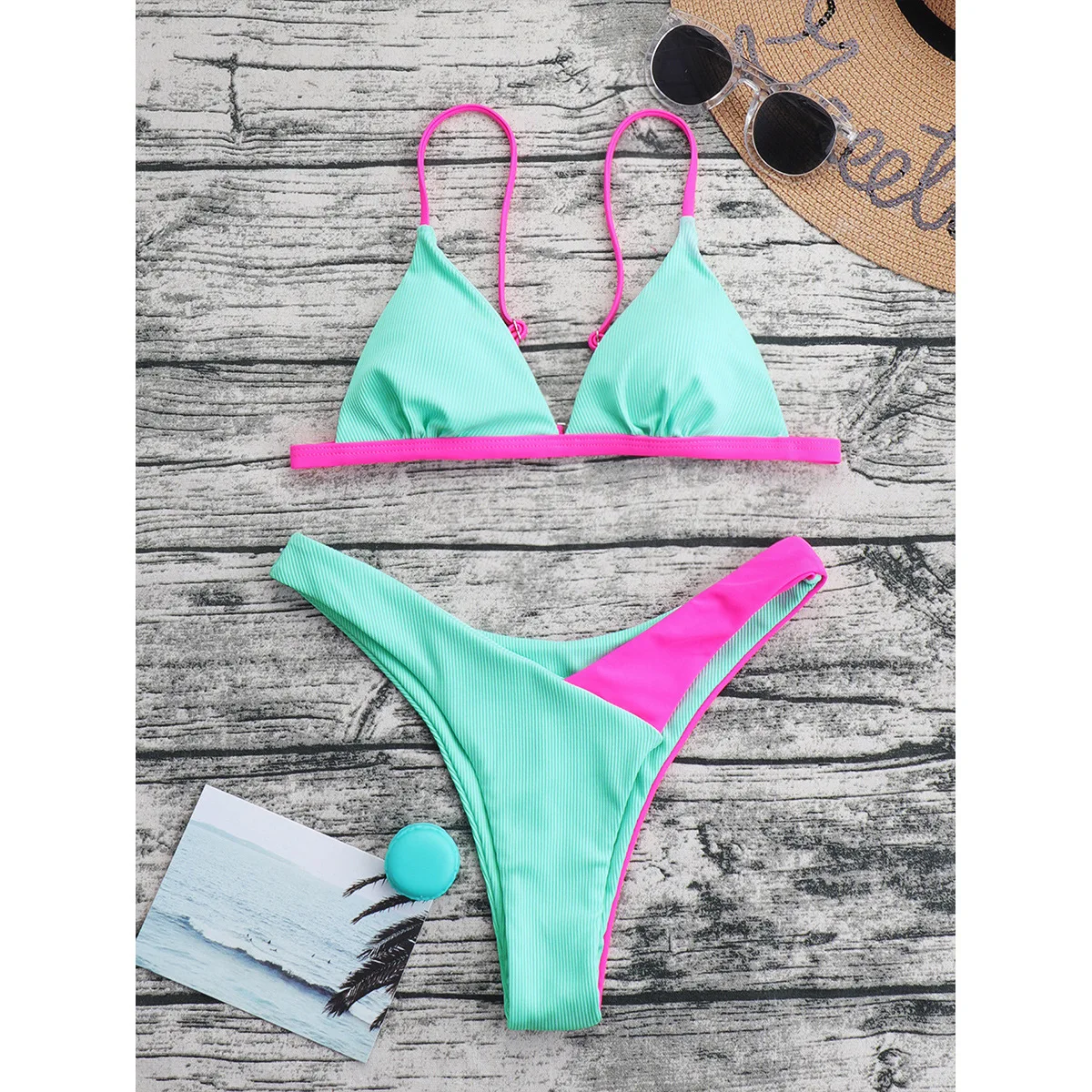 2023 New Sexy Spaghetti Strap Contrast Bikini Fashion Women's Split Swimsuit Push Up Micro Bikini