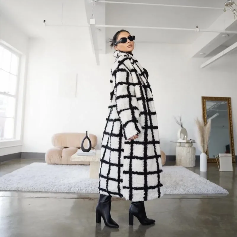 Winter Notched Collar Plaid Hairy Shaggy Faux Fur Long Teddy Coat Woman Shearling Fluffy X-Long Jackets Keep Warm Outerwear