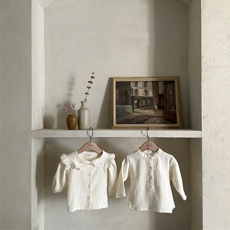 Baby Long Sleeve Lapel Shirts Peter Pan Collar Infant Girl Cotton Floral Blouse Toddler Plaid Tops Baby Bottoming