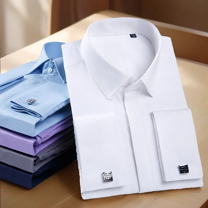 Men's Luxury French Cuff Dress Shirt  Slim Fit, Cotton Blend, Solid,  Business Wear