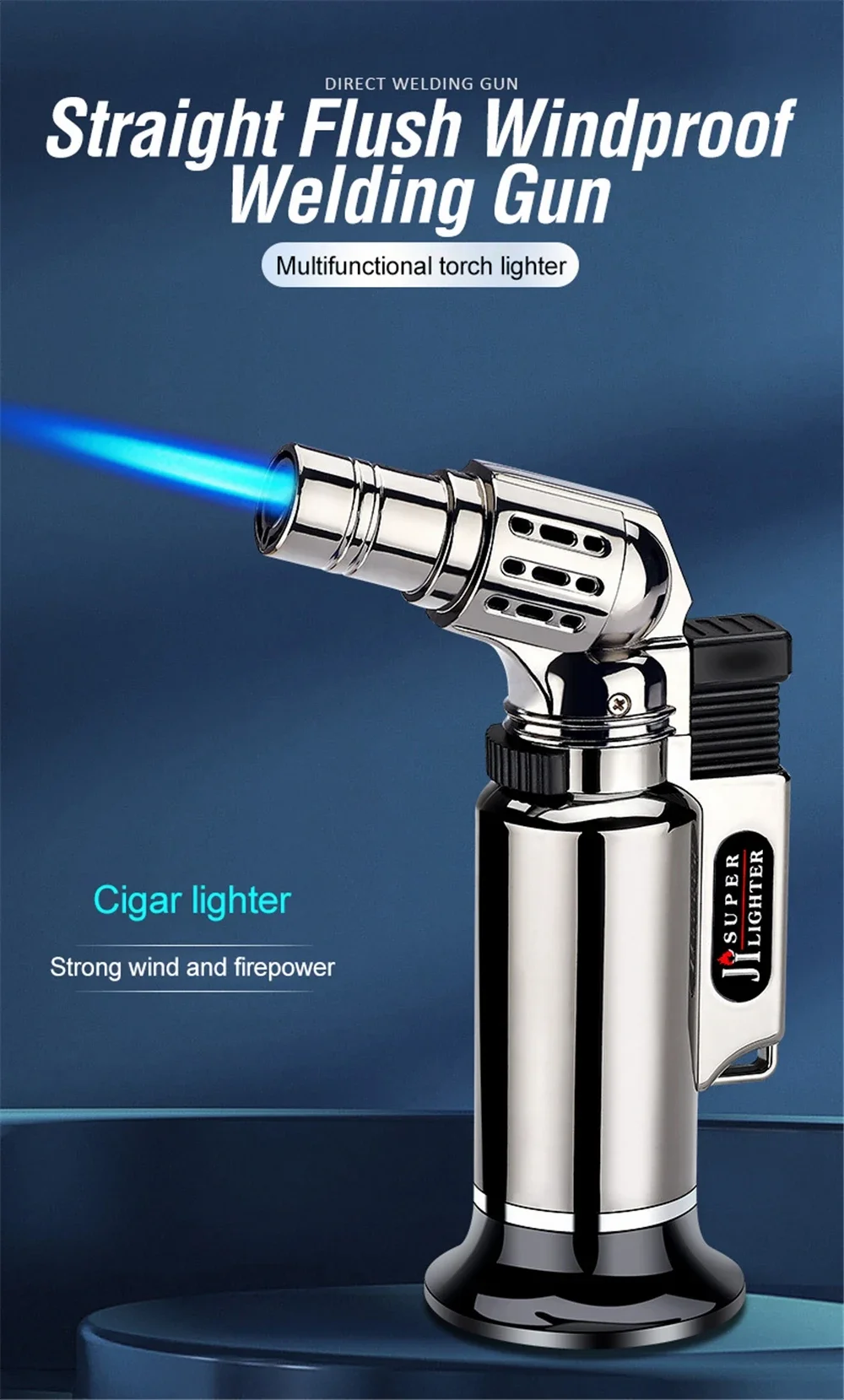 Description Picture 2 of itemMetal Jet Flame Gun Lighter, Windproof Turbo, Butane Gas Lighters, Welding Torch, Kitchen, BBQ, Cigar, Cigarettes Accessories