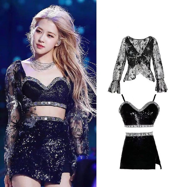 Kpop Girl Group ROSE Stage Dance Shiny Sling Vest Crop Tops Perspective Hollow Jacket Slit Sequins Mini Skirt Sexy Women Outfits