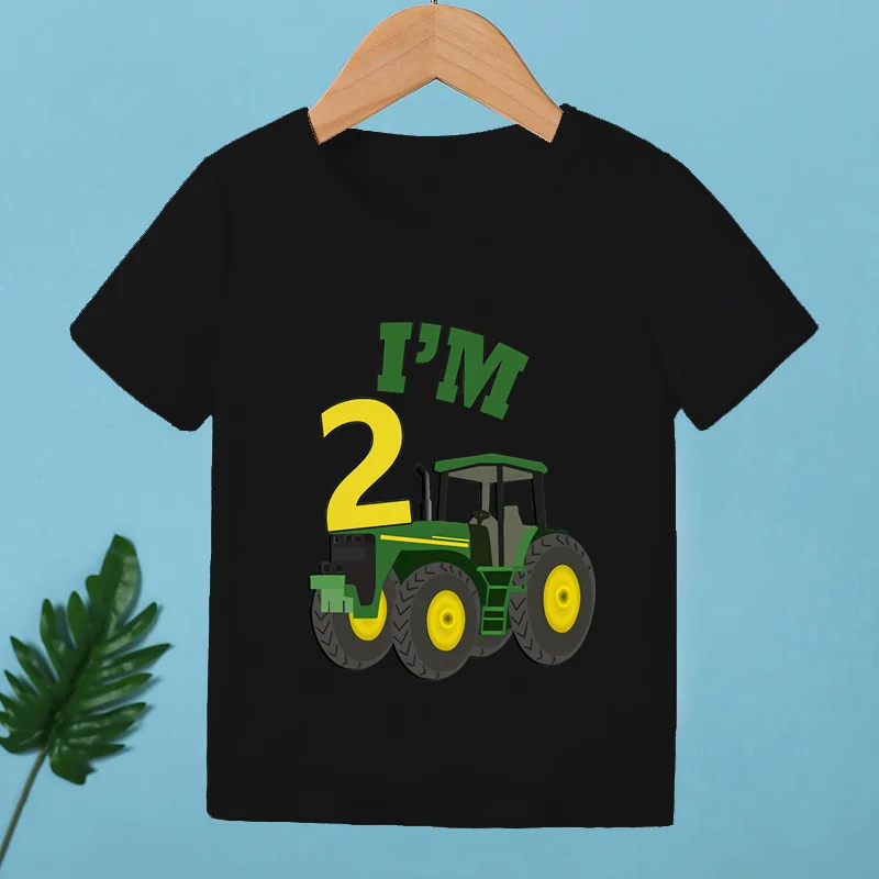 Farm Tractor Car Print Happy Birthday Cartoon Kids T shirt 1 2 3 4 5 6 7 8 9 Years Girls Clothes Baby Boys Short Sleeve T-Shirts 2