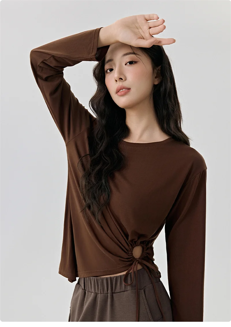 Modales Yoga-Shirt für Damen, Kordelzug an der Taille, langärmelig, Sport-Shirt, atmungsaktiv, schnell trocknend, lockere Tanz-Jogging-Bluse, Vertuschung – Detail 5