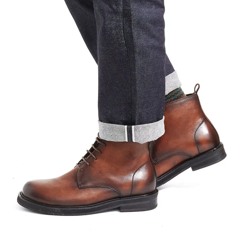 

New British Style Retro Genuine Leather Men High-top Short Brogue Boots Lace Up Man Shoes
