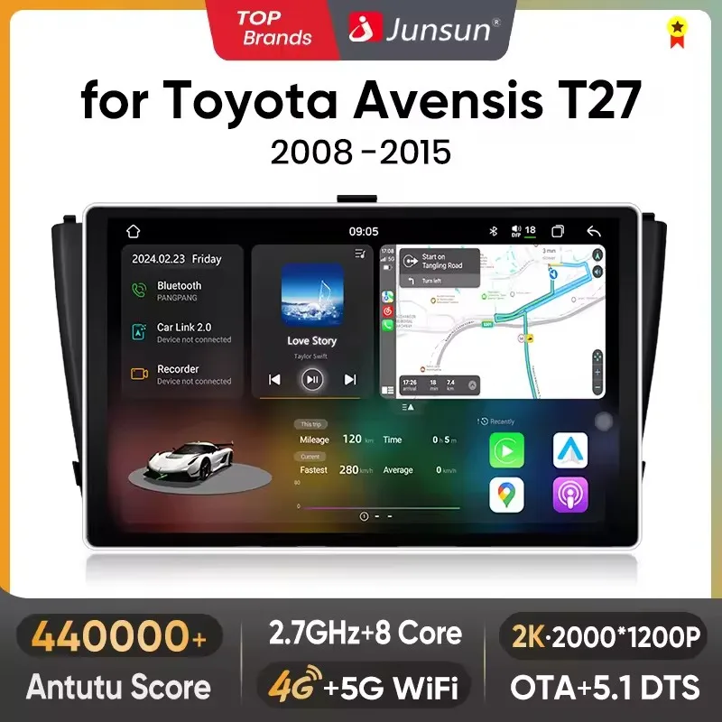 Junsun-V3 Plus 2K Wireless CarPlay Android Auto Car Intelligent Systems, Limitation Autoradio, Toyota Avensis T27, 2008-2015