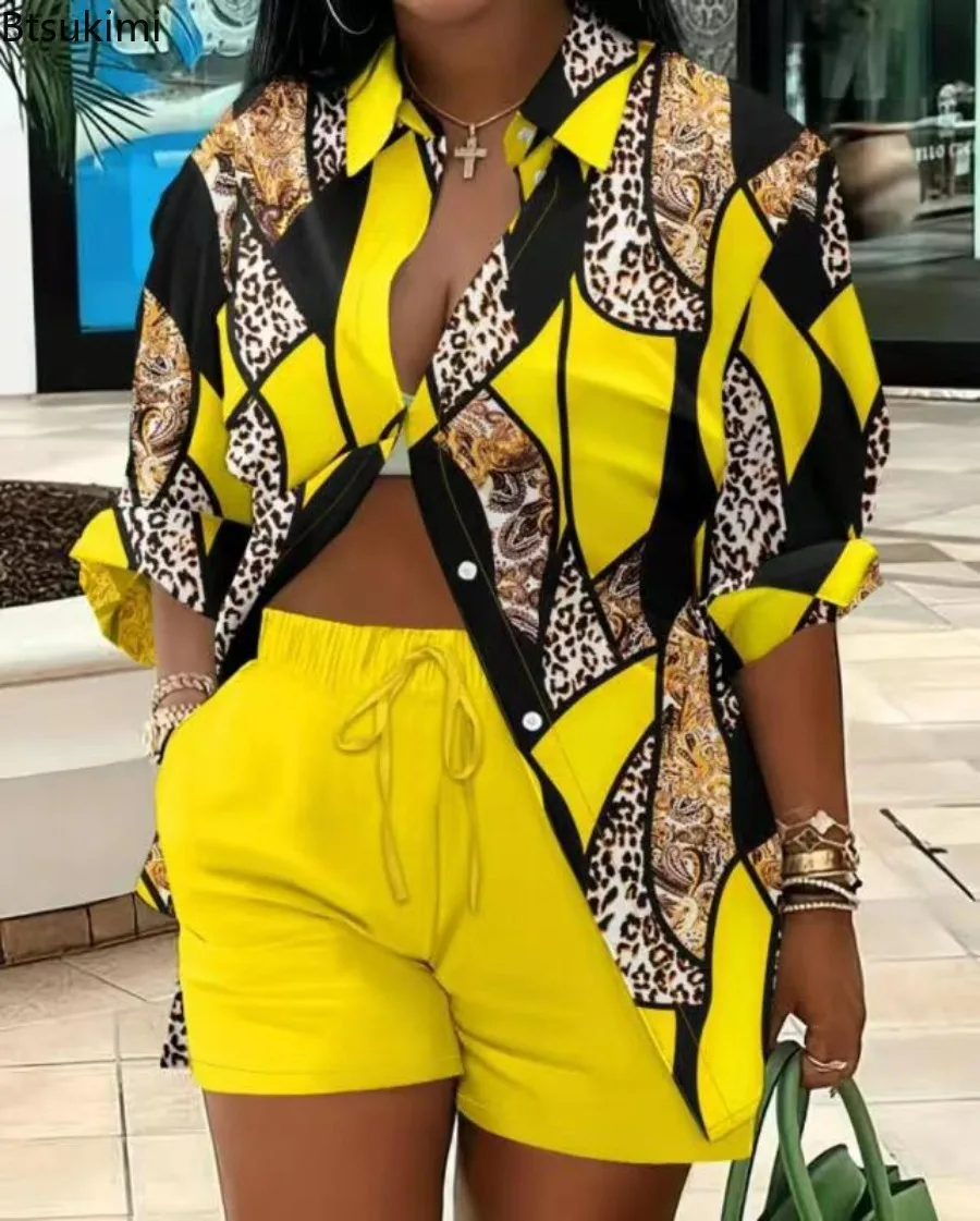 2024 Women's Casual Two Piece Set Print Design Lapel Single Breasted Shirt and Elastic Waist Drawstring Tied Shorts Suits Outfit