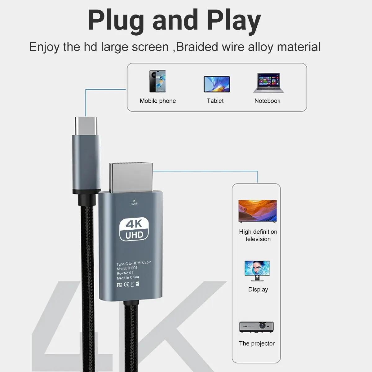 Ȩ ǽ USB C-HDTV ̺, USB C Ÿ-HDMI ̺, Ʈ 4/3,  15  ƽ ư ȣȯ, 6.6FT, 4K @ 60Hz