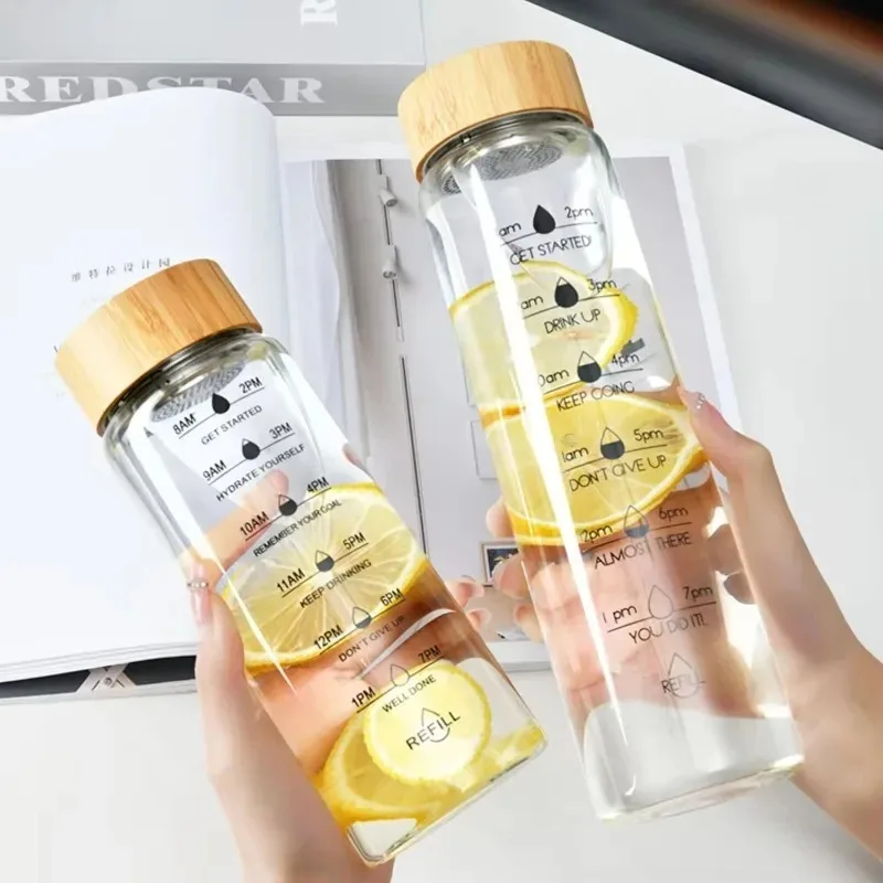 Borosilicate Glass Water Bottle with Bamboo Lid and Time Marker - Includes Tea and Fruit Infuser and Stainless Steel Filter