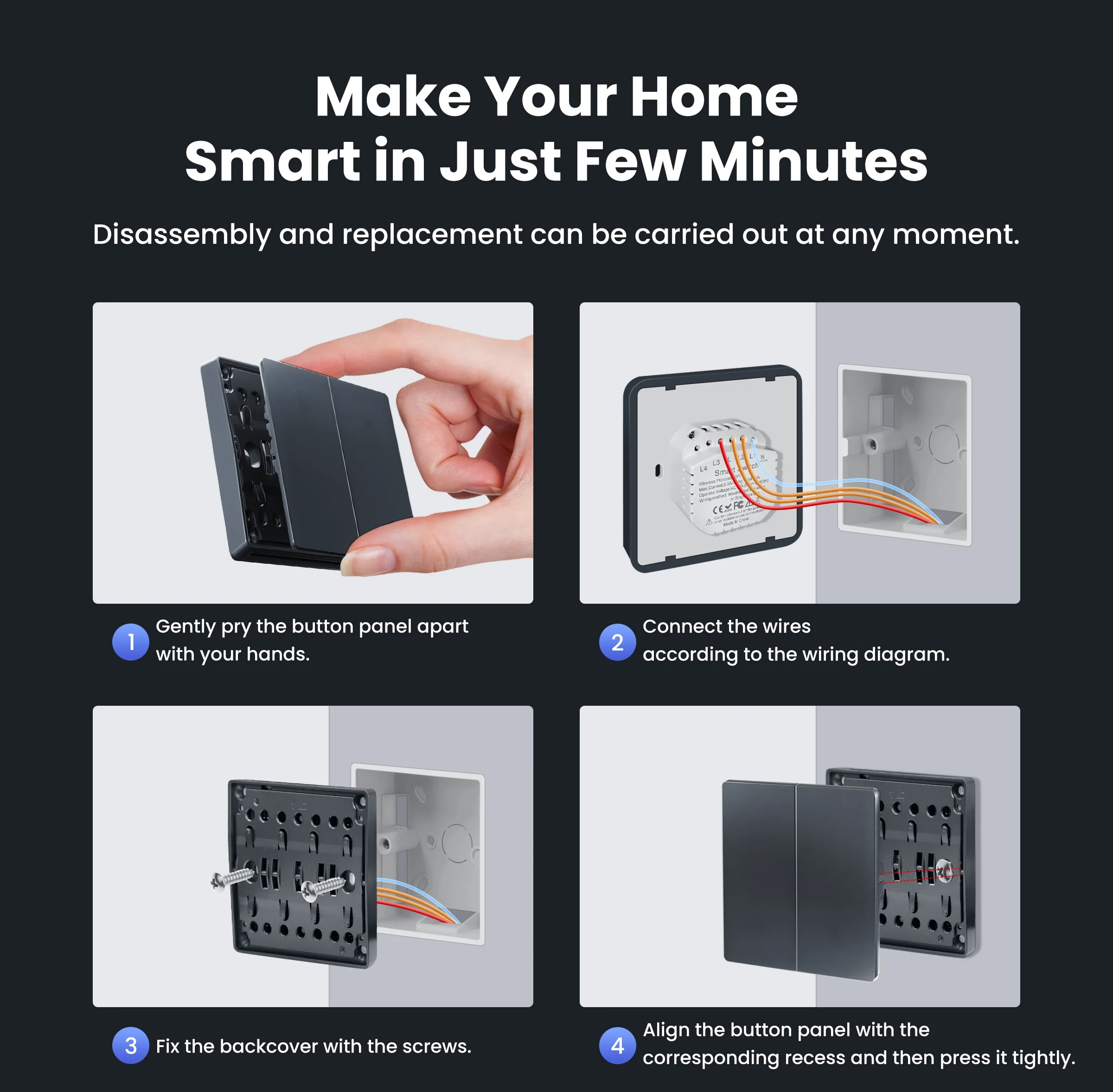 Description Picture 4 of itemGIRIER Smart Light Switch WiFi Push Button Wall Switch Neutral Wire Required 1/2/3/4 Gang Works with Tuya Alexa Google Home