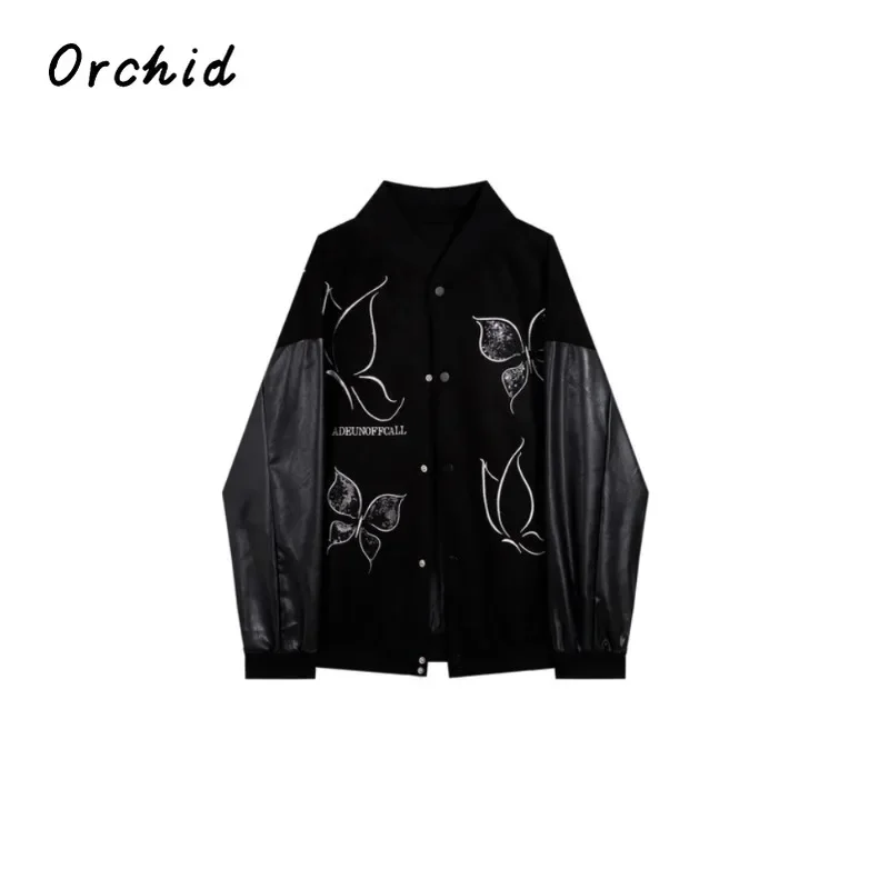 

2023 Autumn Winter Goth Punk Black Coats Vintage Single Breasted Patchwork Butterfly Decorate Jacket American Oversized Coat Top