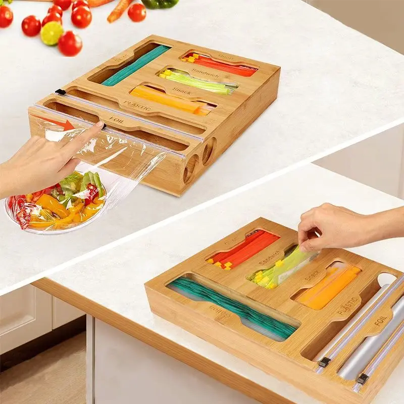 Bamboo Organizer Food Film Dispenser Wrap Dispenser with Cutter Storage Box Aluminum Foil Stretch Film Cutter Kitchen Accessorie