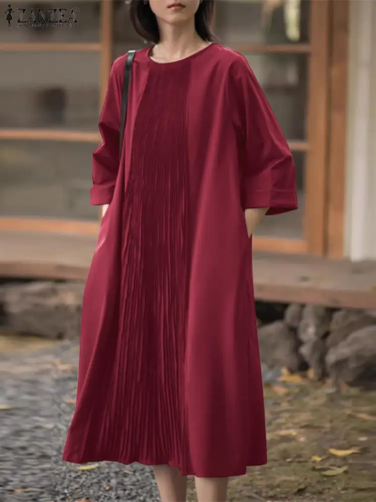 

ZANZEA Women Summer Long Dress 2024 Round Neck Solid Color Vestidos Casual 3/4 Sleeve Sundress Loose Daliy Pleated Pocket Robes
