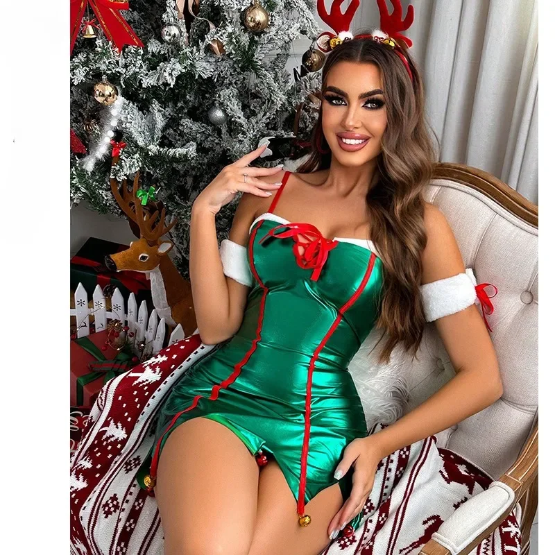 

Sexy Underwear Female Hot Gilt Christmas Temptation Pajamas Nightdress Ellolace Dress Green Stamping Glitter Festival Outfits