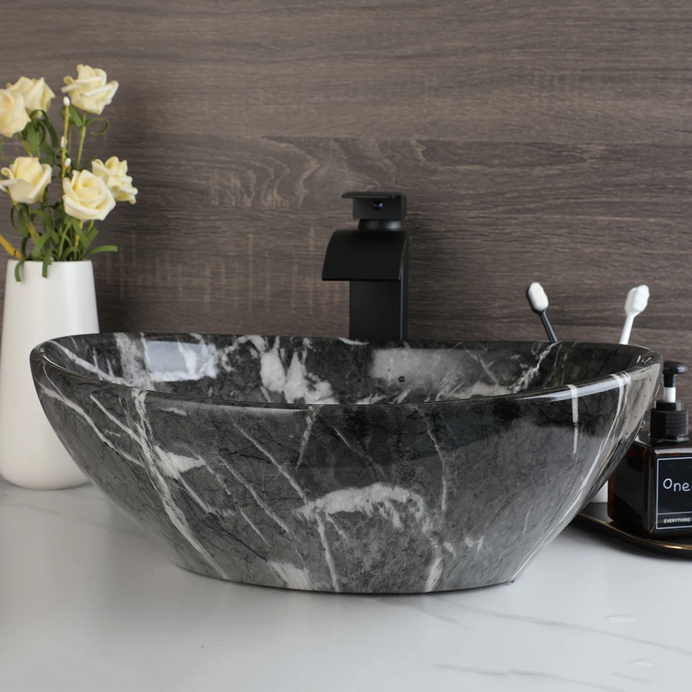 ZAPPO Marbling Rectangle Vessel Sink with Faucet Drain Ceramic Vessel Sinks Oval Bathroom Sink Bowl Above Counter with Mixer Tap 5