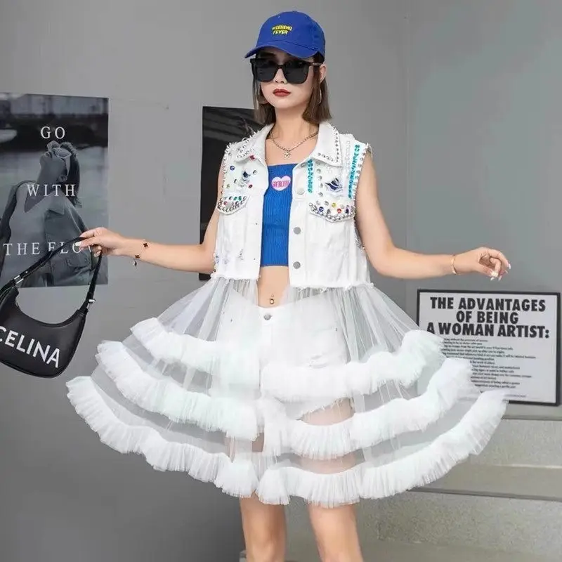 

Trendy Streetwear For Women Hole Denim Vest Jacket Spliced Mesh Top Vintage Personality Sleeveless Cardigan Waistcoat Z2043