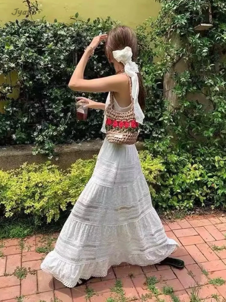 Embroidered Hollow Lace Spliced White Long Skirt 2025 Spring