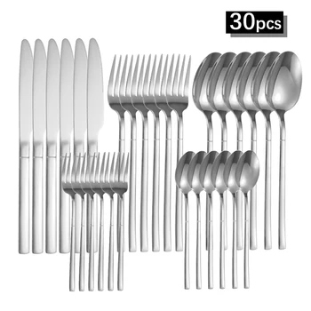 Set di stoviglie in acciaio inossidabile da 6 pezzi/30 pezzi, coltello squisito di fascia alta in argento, forchetta e cucchiaio, adatto per cucina e ristorante 1