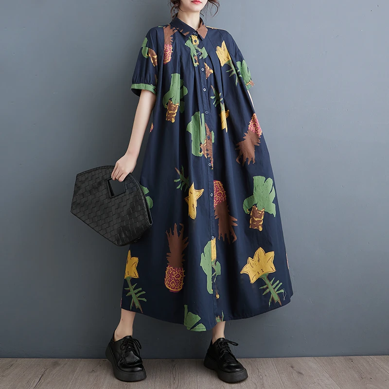 

2024 New Arrival Korea Style Print Floral Loose Chic Summer Vintage Blouse Dress For Women Travel Casual Oversize Long Dresses