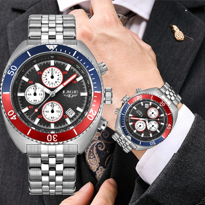 Top Brand LIGE Men Watch Original Sports Quartz Mens Watches Full Steel Waterproof Chronograph Wristwatch Men Relogio Masculino