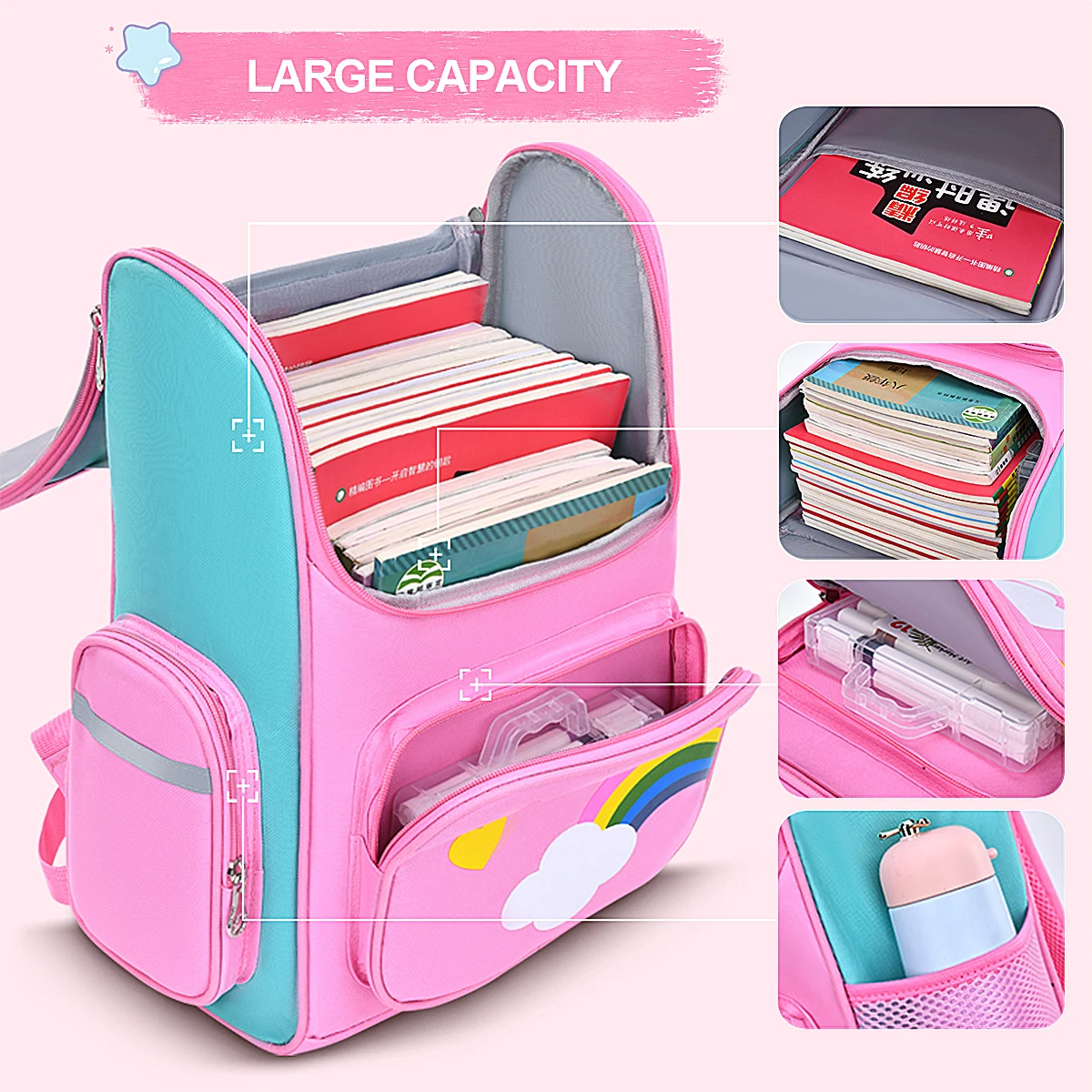 Zaino per bambine con unicorno, zaino per libri per bambini, zaino scolastico con occhi arcobaleno, zaino per ragazze adolescenti per viaggi, zaino impermeabile. - immagine 3
