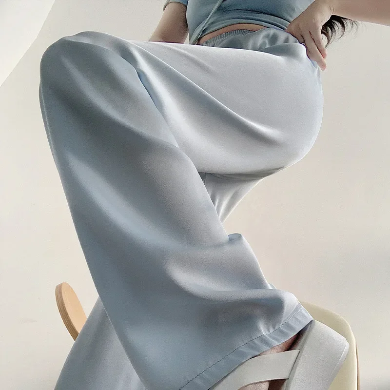 Acetate Ice Silk Wide-Leg Pants Female 2023 Summer Thin Casual Mopping Pants High Waist Drooping Baggy Pants