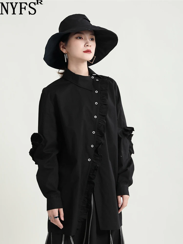 

NYFS 2023 New Spring Autumn Woman Tops Single Breasted Solid Asymmetric Collar Shirts Ruffle Long Sleeves Blouse