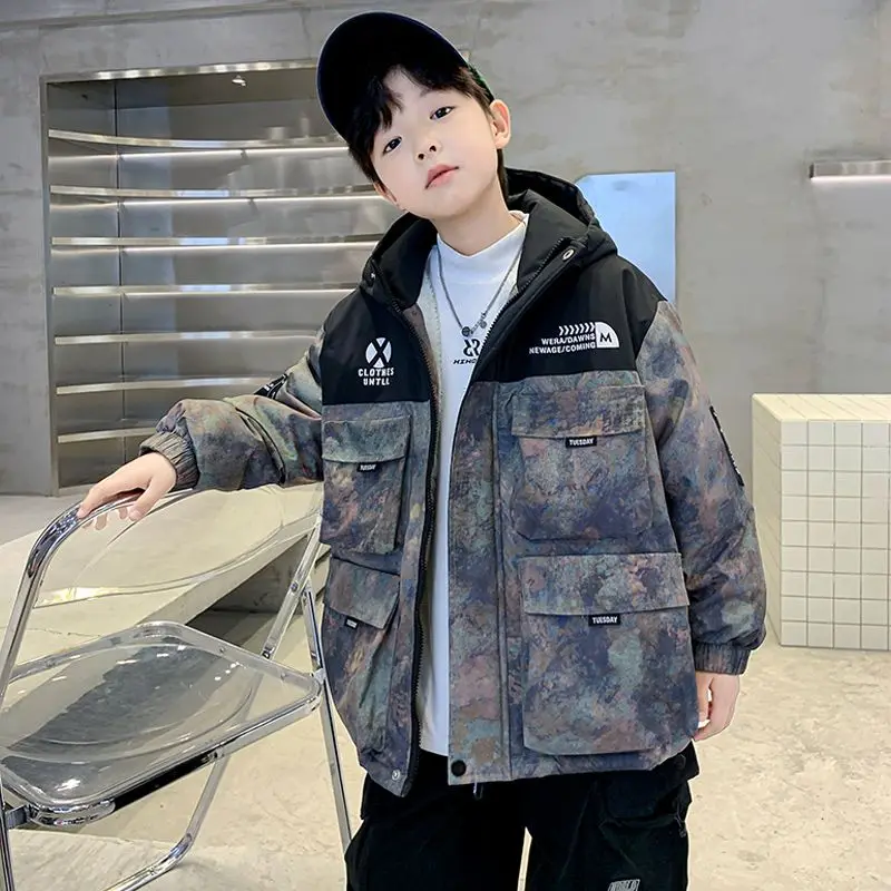 Children Winter Outerwear Boys Thickened Cotton Fleece Coat Kids Hooded Warm Overcoat New Fashion Casual Clothing 5-14 Yrs children jackets