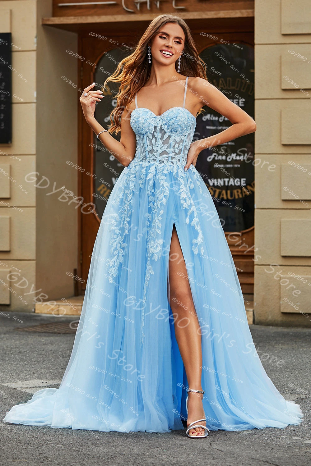 open lace back dress Simple Blue Satin A-line V-neck Long Prom Dresses, Party Dresses, MP785