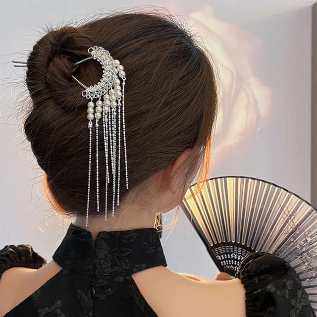 Chinese Style Metal Rhinestone Hair Chopsticks With Tassel, Pearl